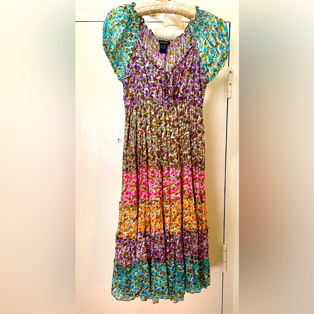 Jackpot Boho Puff Sleeve Empire Waist Peasant Dress, Size Small, Multi-Color